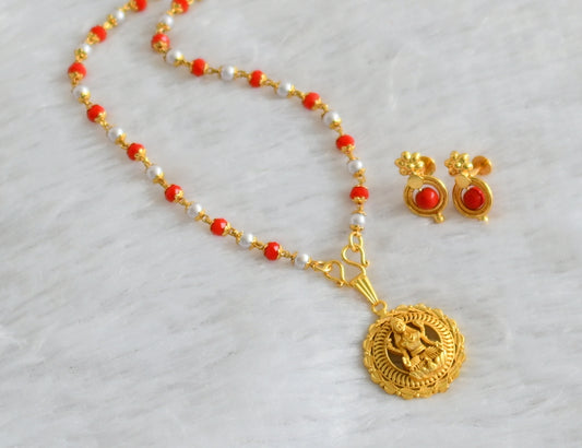 Gold tone 30inches red-pearl beaded chain with lakshmi pendant set dj-47161
