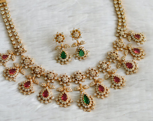 Matte finish cz magenta pink-green thilak stone flower necklace set dj-48964