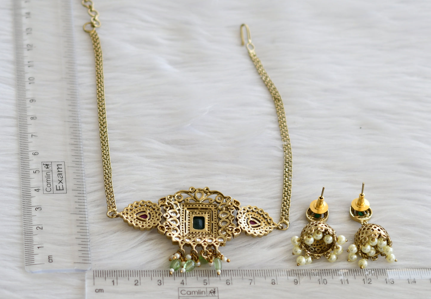 Antique ruby-green-white victorian dull gold finish choker set dj-45480