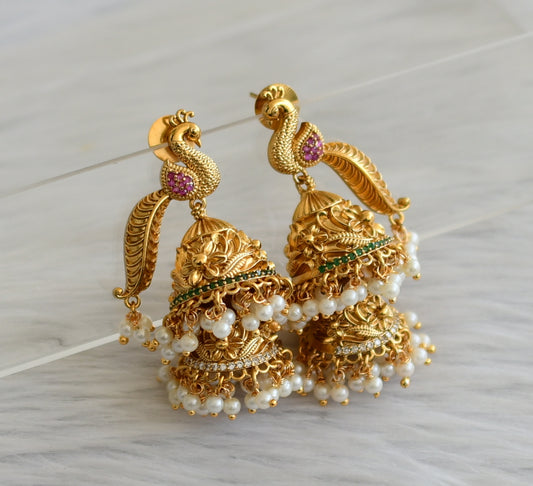 Matte finish ruby-green peacock flower step jhumkka dj-45245