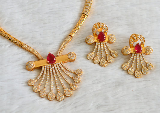 Matte finish red-white stone necklace set dj-48966