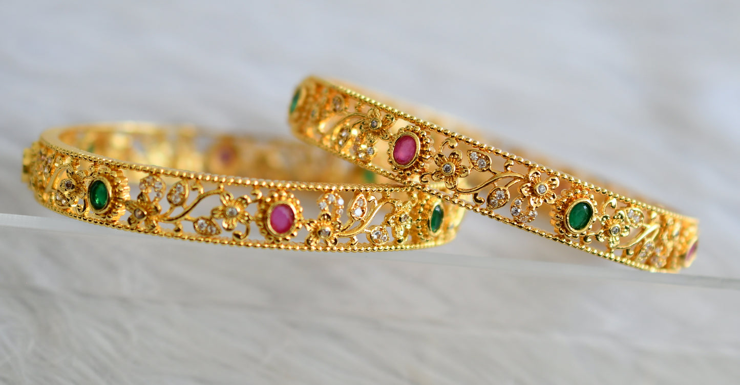 Gold tone cz ruby-green-white flower bangles(2.4) dj-43809