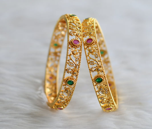 Gold tone cz ruby-green-white flower bangles(2.4) dj-43809