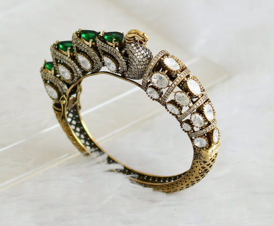 Antique gold tone green-white stone victorian moissanite peacock kada/bracelet dj-50954