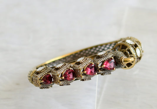 Antique gold tone magenta pink-white stone victorian moissanite peacock kada/bracelet dj-50953