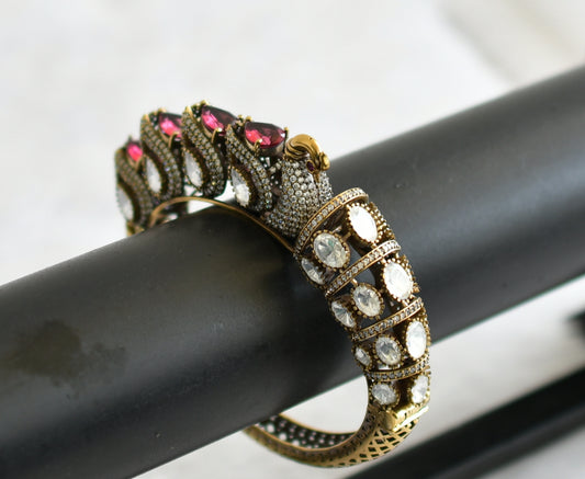 Antique gold tone magenta pink-white stone victorian moissanite peacock kada/bracelet dj-50953