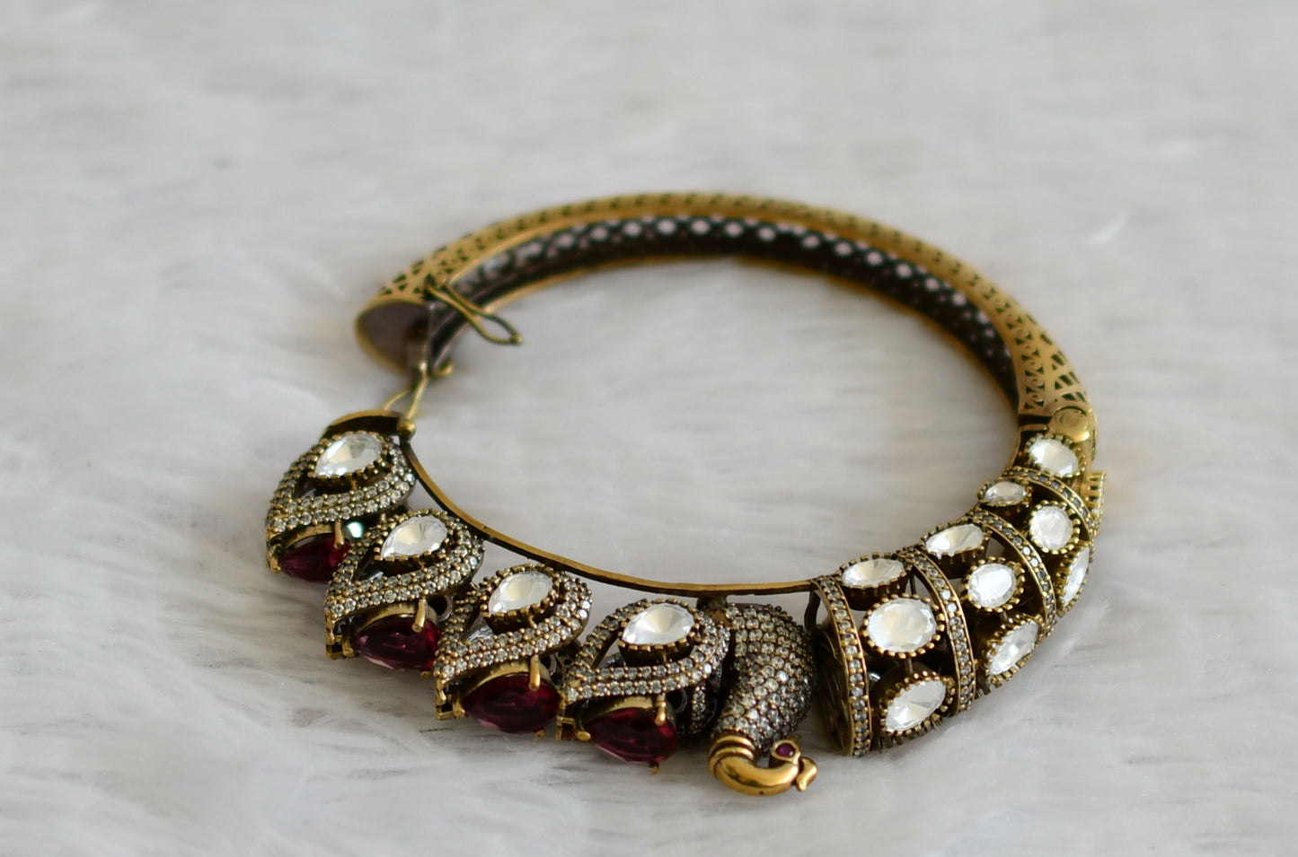 Antique gold tone magenta pink-white stone victorian moissanite peacock kada/bracelet dj-50953
