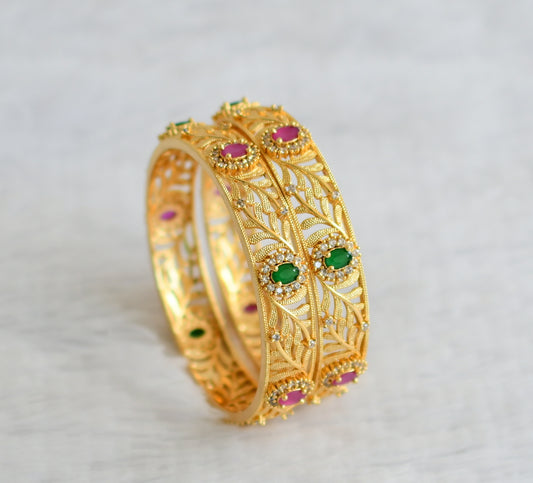 Gold tone ruby-green-white oval stone leaf bangles(2.8) dj-50968