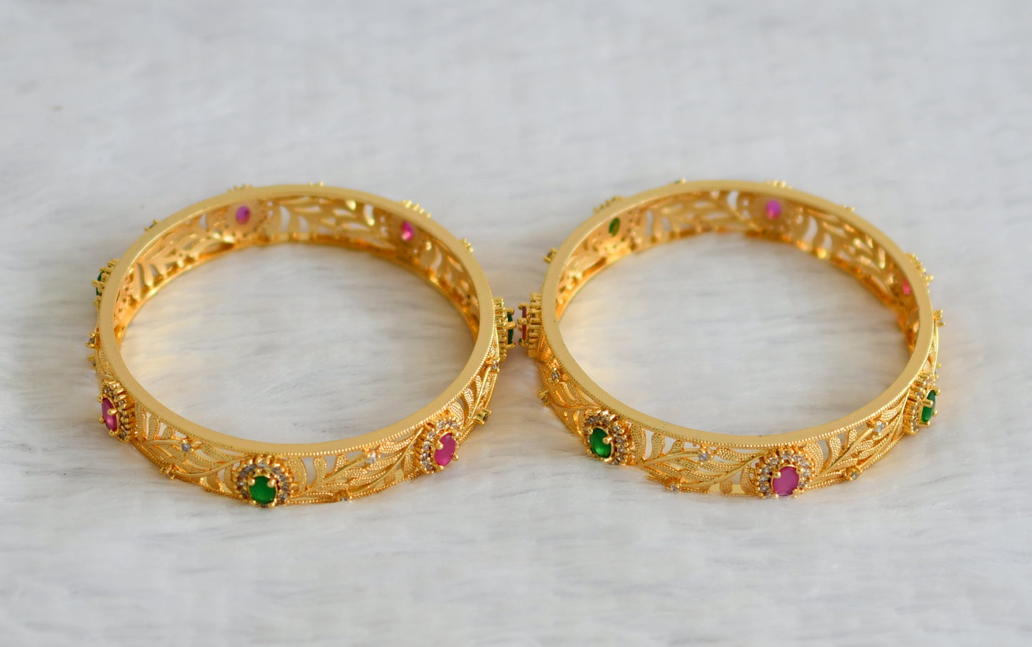 Gold tone ruby-green-white oval stone leaf bangles(2.8) dj-50968