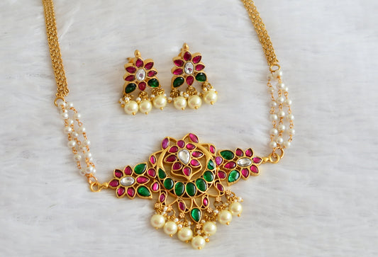 Matte finish pink-green-white kundan jadau pearl flower choker set dj-51010