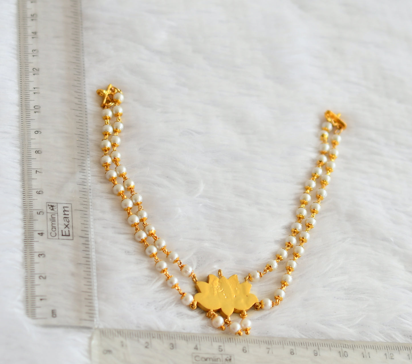 Gold tone pink-green-white kundan jadau lotus pearl choker necklace dj-51013