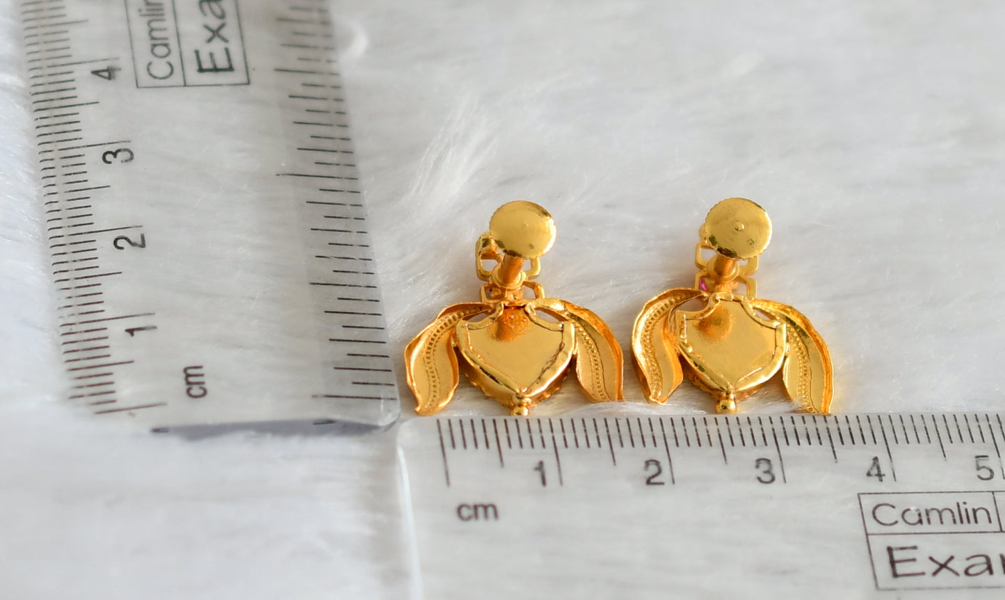 Gold tone kerala style pink-green palakka lotus earrings dj-47214