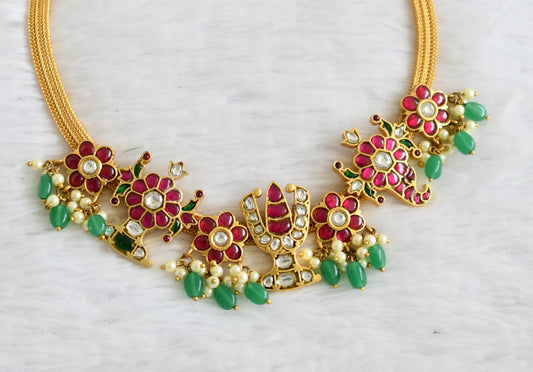 Gold tone kundan jadau pink-green-white shanku-chakra-nama designer necklace dj-36307