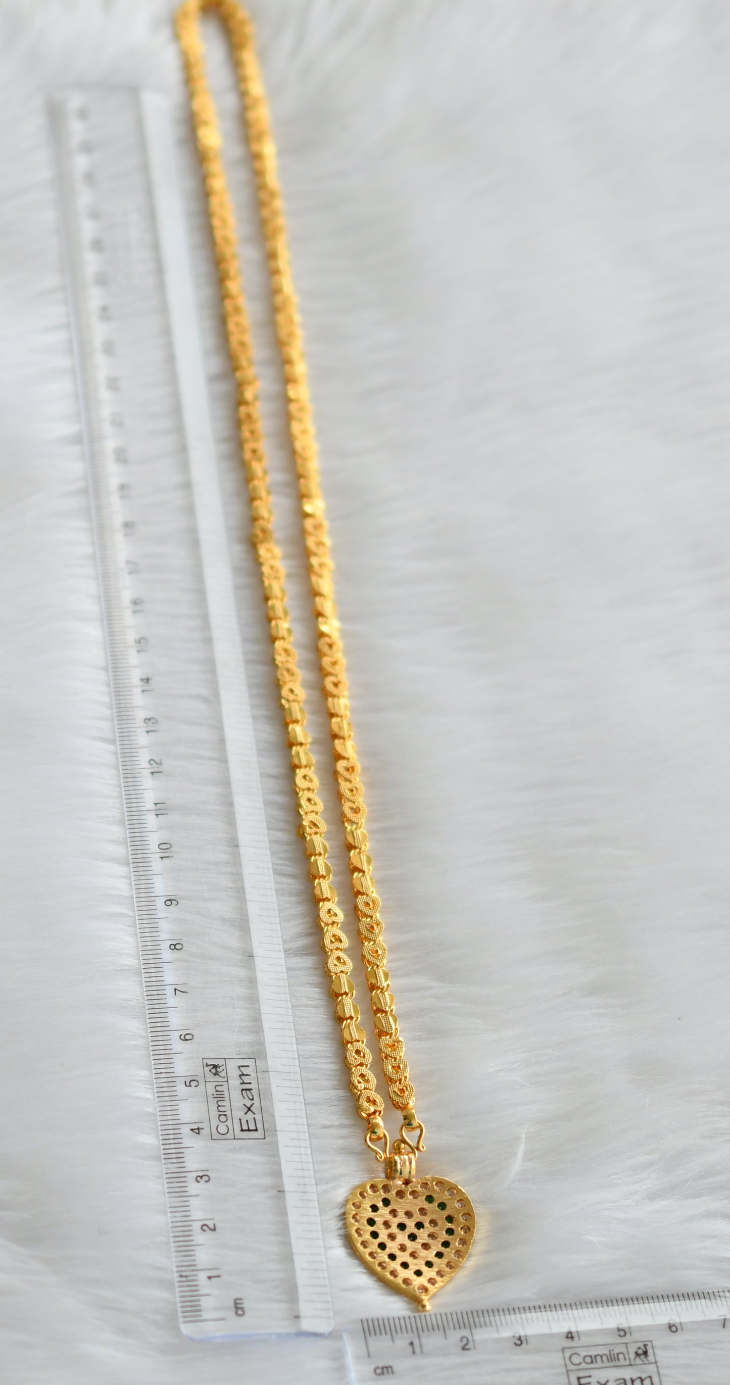 Gold tone 24 inches heart chain with green-white heart pendant dj-43840