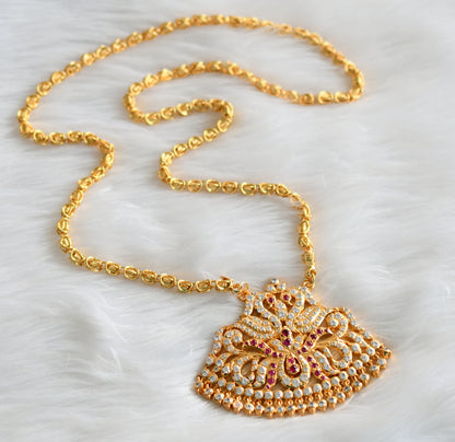 Gold tone 24 inches chain with south indain ad stone pink-white peacock pendant dj-43842