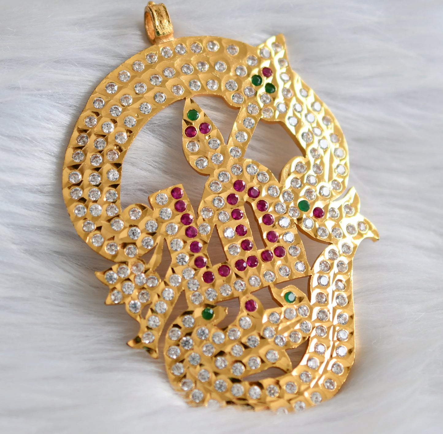 Gold tone south indian ad pink-green-white tamil om big pendant dj-43845