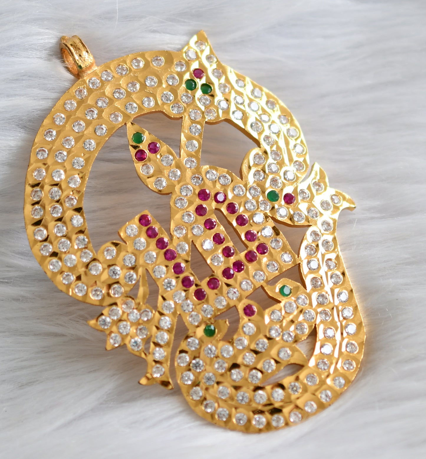 Gold tone south indian ad pink-green-white tamil om big pendant dj-43845