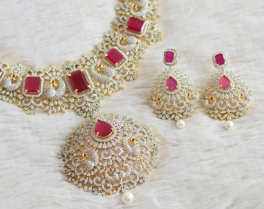 Two tone diamond look alike big cz ruby peacock bridal necklace set dj-49044