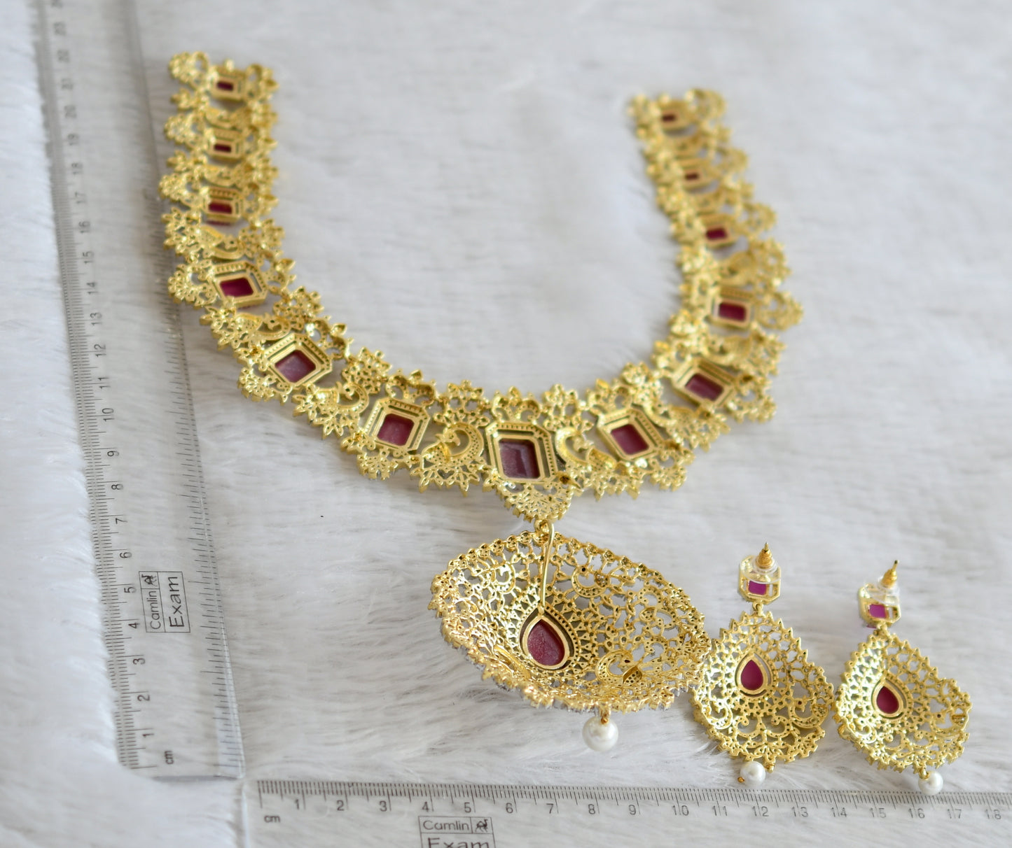 Two tone diamond look alike big cz ruby peacock bridal necklace set dj-49044