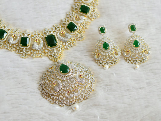 Two tone diamond look alike big cz emerald peacock bridal necklace set dj-49046
