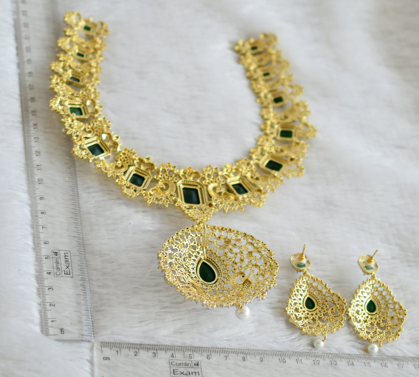 Two tone diamond look alike big cz emerald peacock bridal necklace set dj-49046