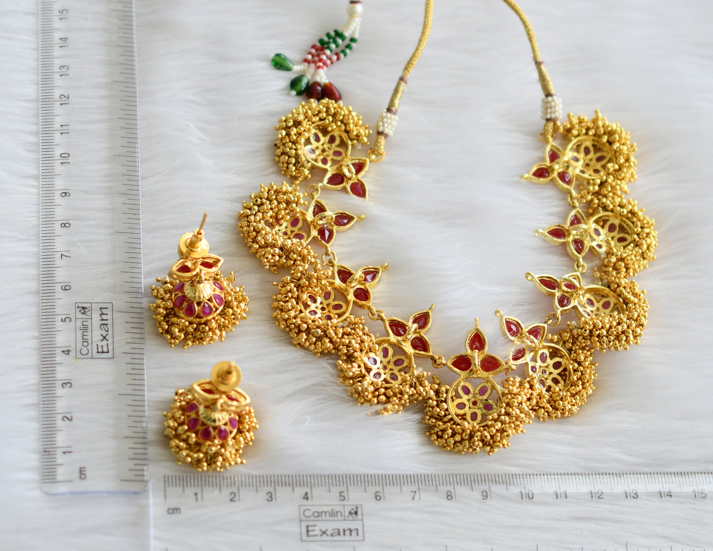 Antique gold tone ruby cluster necklace set dj-03705