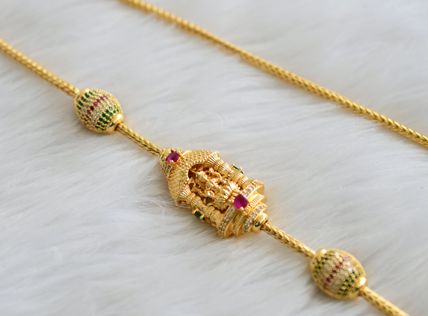 Gold tone cz ruby-green-white stone 24 inches lakshmi muggapu chain dj-43828