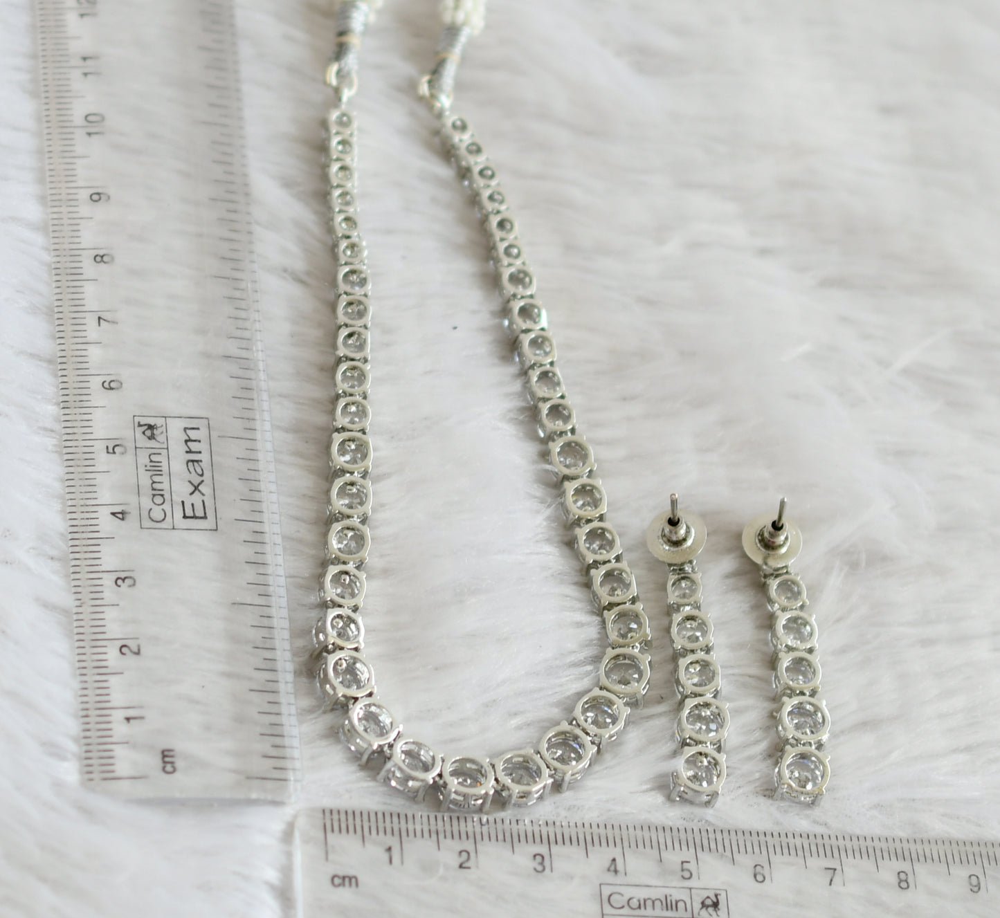 Silver tone cz white round necklace set dj-49042