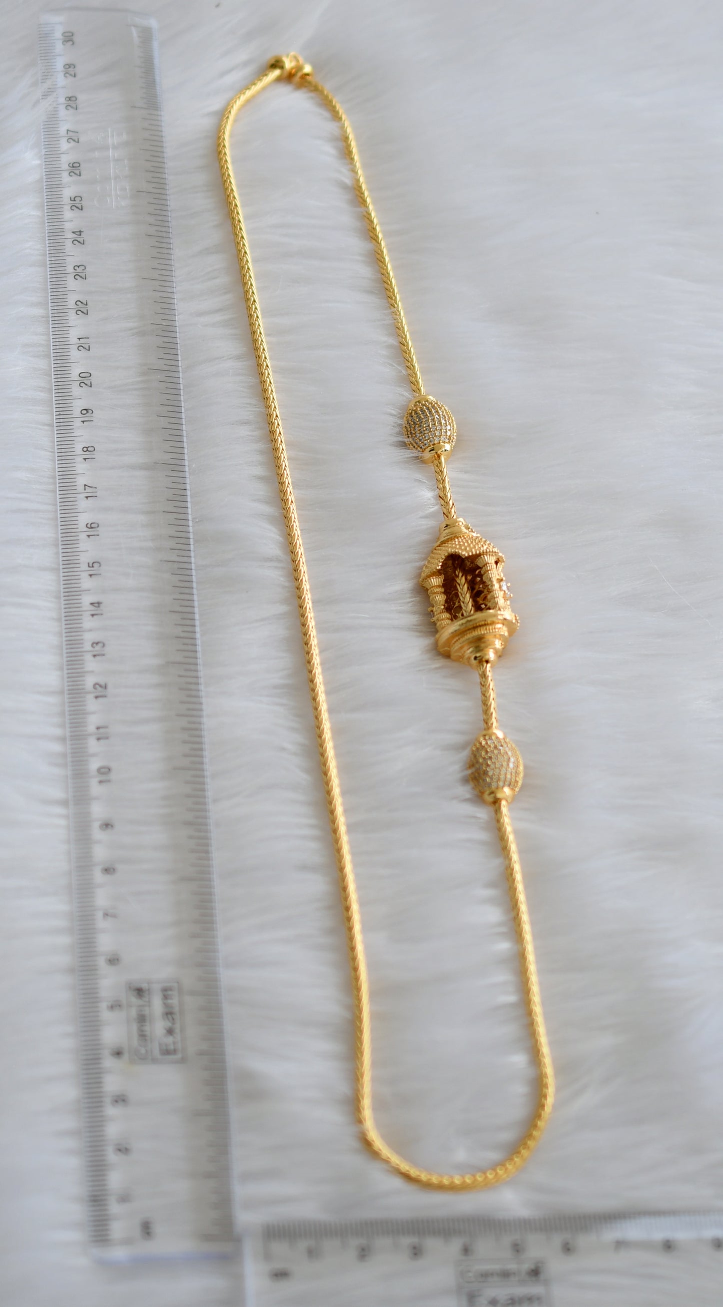 Gold tone cz white stone 24 inches lakshmi mugappu chain dj-43826
