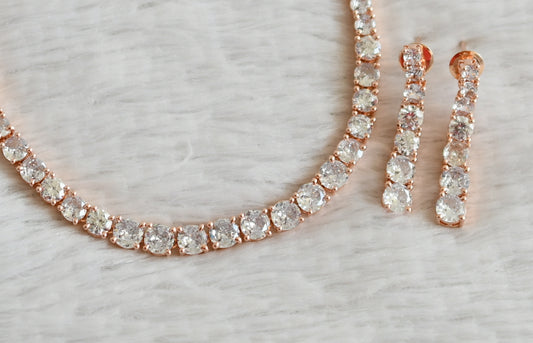 Rose gold tone cz white round stone necklace set dj-49041