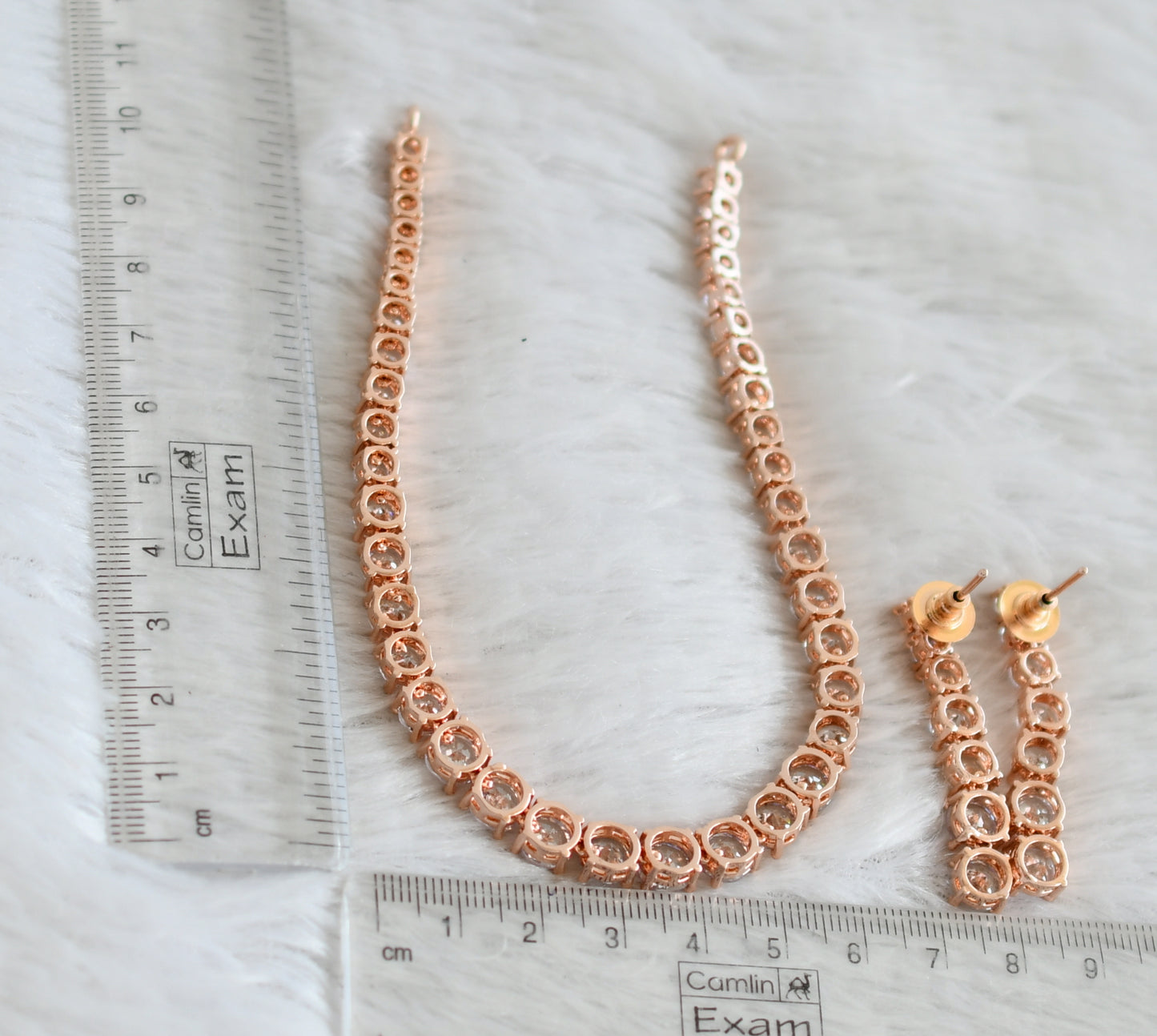 Rose gold tone cz white round stone necklace set dj-49041
