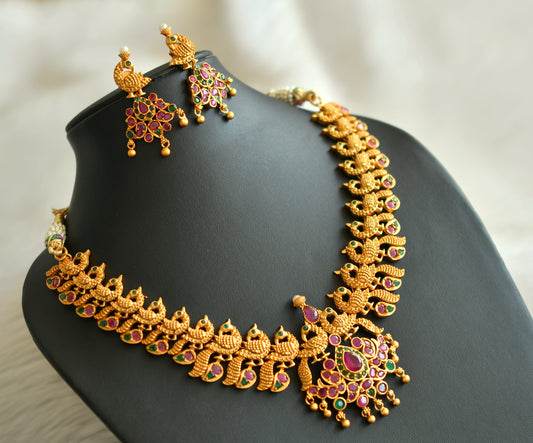 Matte finish ruby- emerald peacock necklace set dj-11036