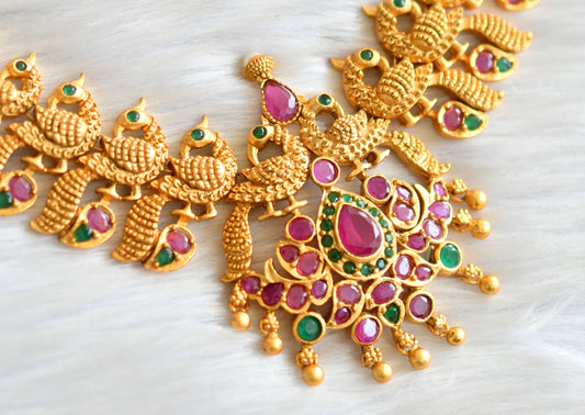 Matte finish ruby- emerald peacock necklace set dj-11036