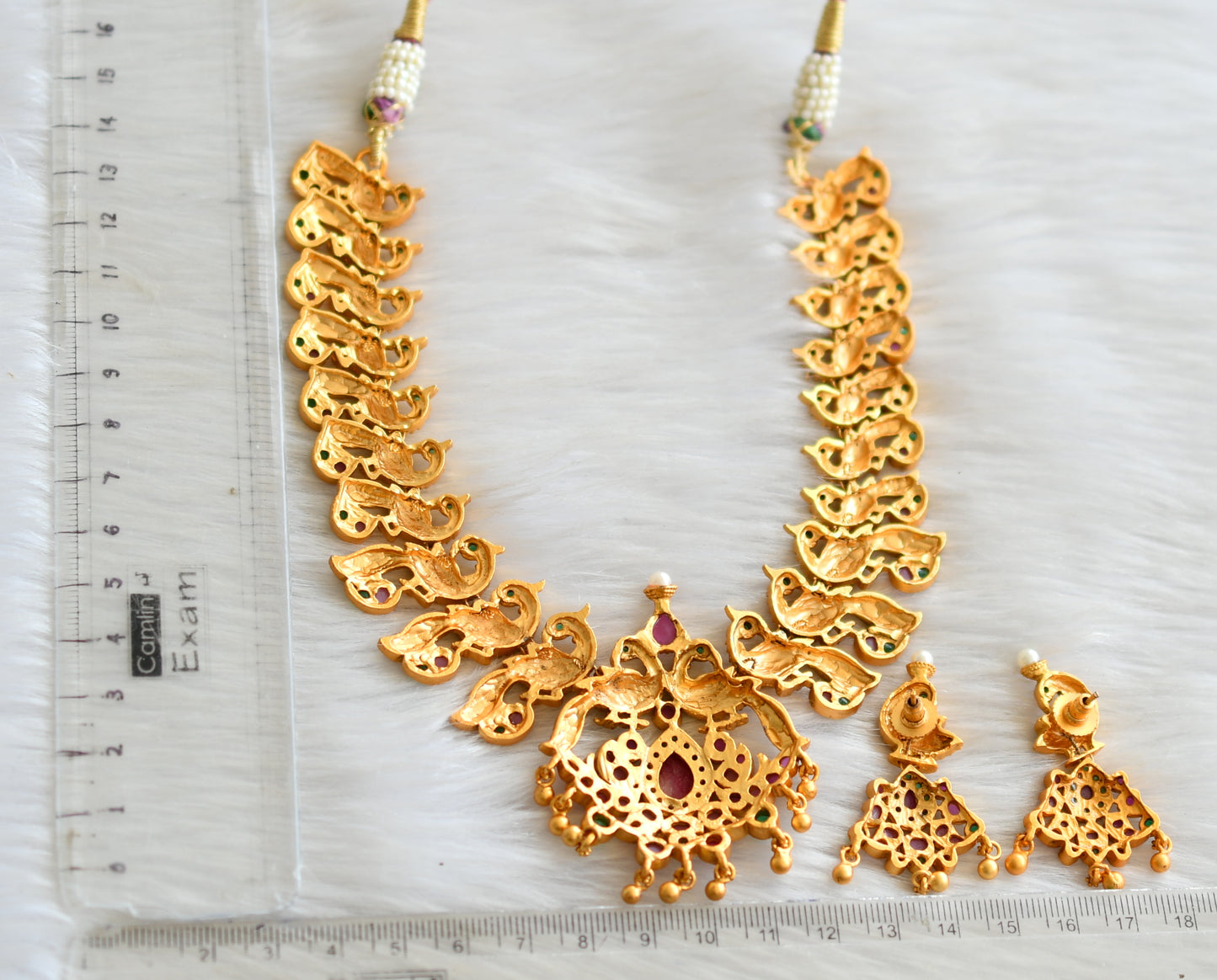 Matte finish ruby- emerald peacock necklace set dj-11036