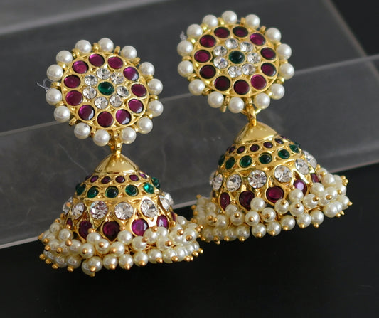 Gold tone precious kemp-green-white pearl jhumkka dj-50999