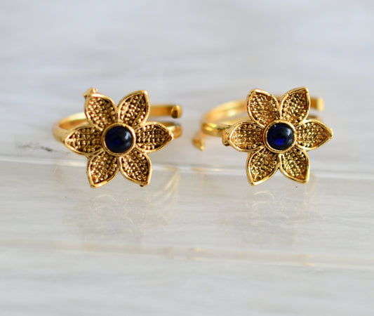 Antique gold tone blue stone flower toe ring dj-43876