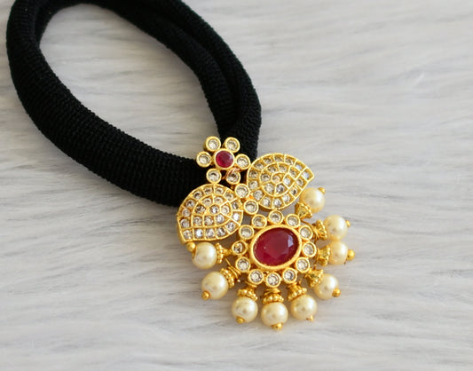 Gold tone cz white-ruby pearl flower hair band dj-45550