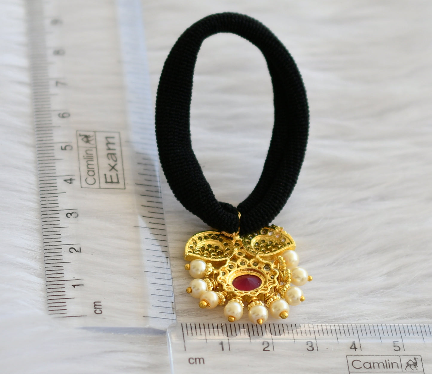 Gold tone cz white-ruby pearl flower hair band dj-45550