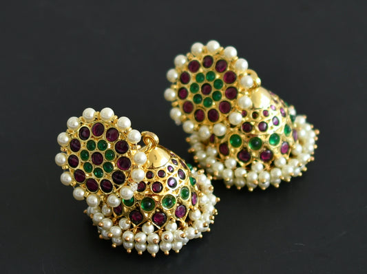 Gold tone precious kemp-green pearl jhumkka dj-50997