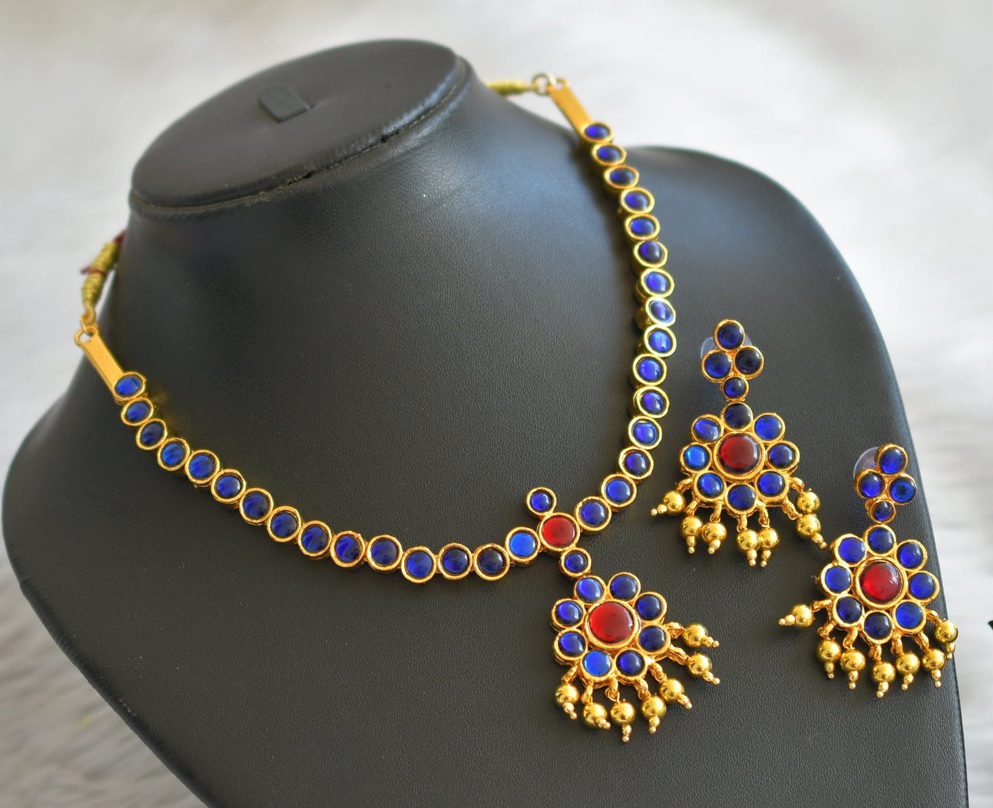 Gold tone blue-red flower necklace set dj-45541