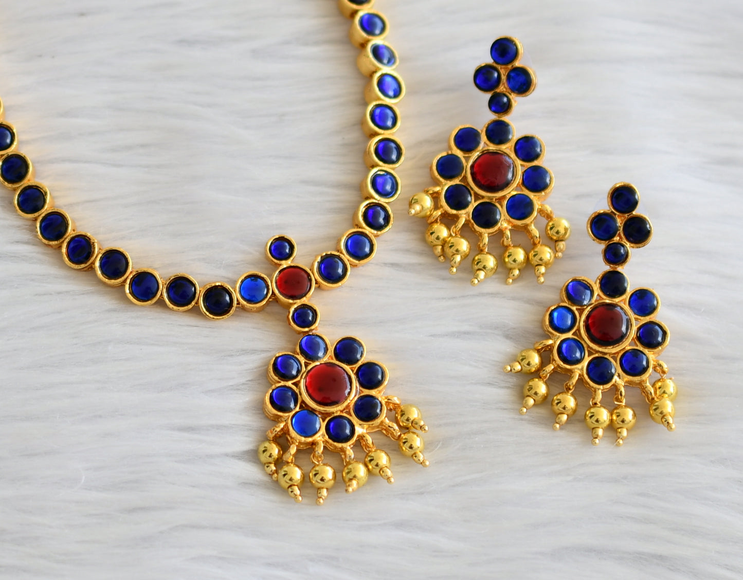 Gold tone blue-red flower necklace set dj-45541
