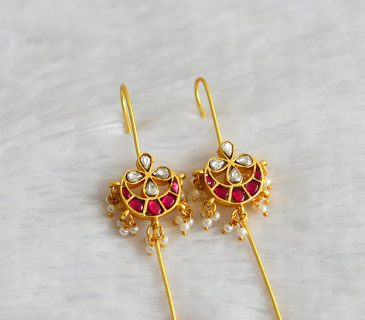 Gold tone pink-white kundan jadau moon flower bugadi earrings dj-51021