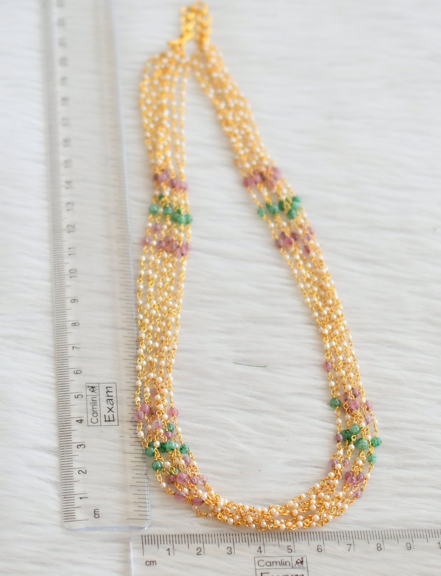 Gold tone 18 inches pink-green multi layer pearl chain dj-45555
