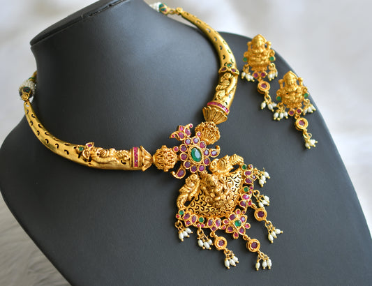 Matte finish ruby-green lakshmi peacock Kante necklace set dj-10730