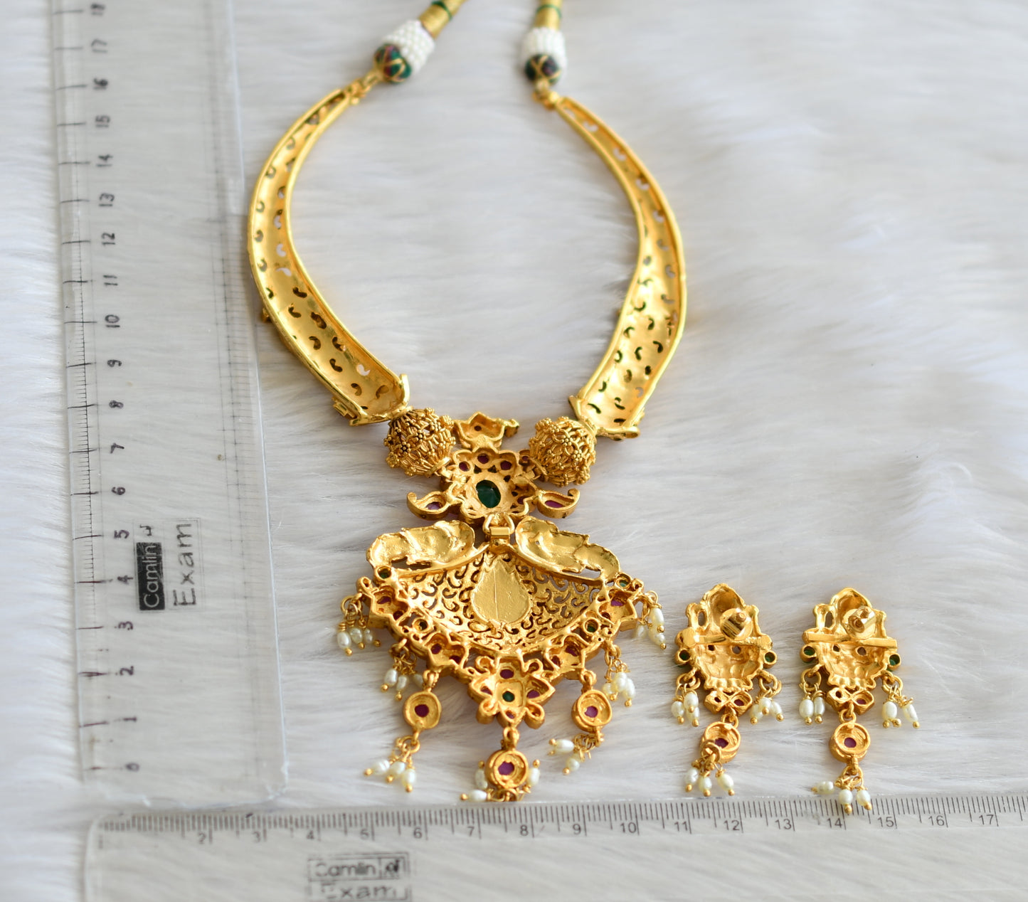 Matte finish ruby-green lakshmi peacock Kante necklace set dj-10730