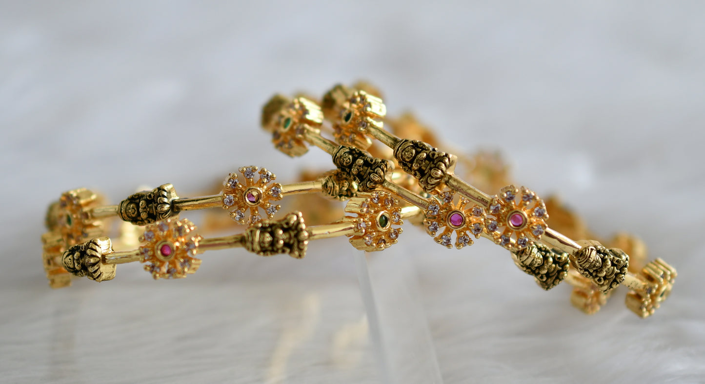 Antique gold tone cz ruby-green-white lakshmi flower set of 4 bangles(2.8) dj-43891