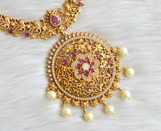 Matte finish cz-ruby pearl floral necklace set dj-11699