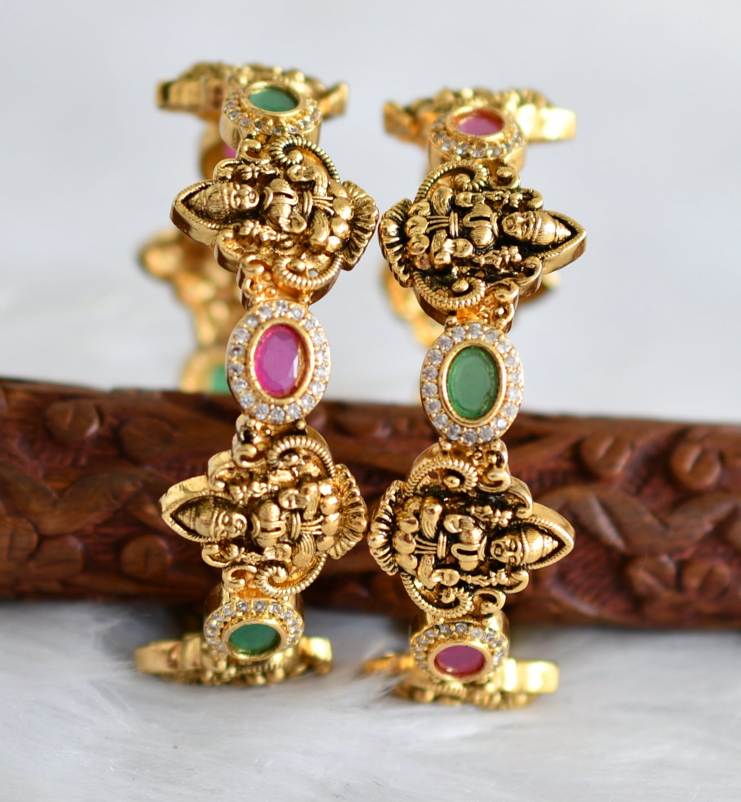 Antique gold tone cz ruby-green-white lakshmi bangles (2.8) dj-43884