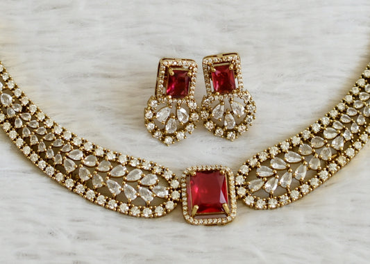 Antique cz white-magenta pink block stone victorian necklace set dj-49057