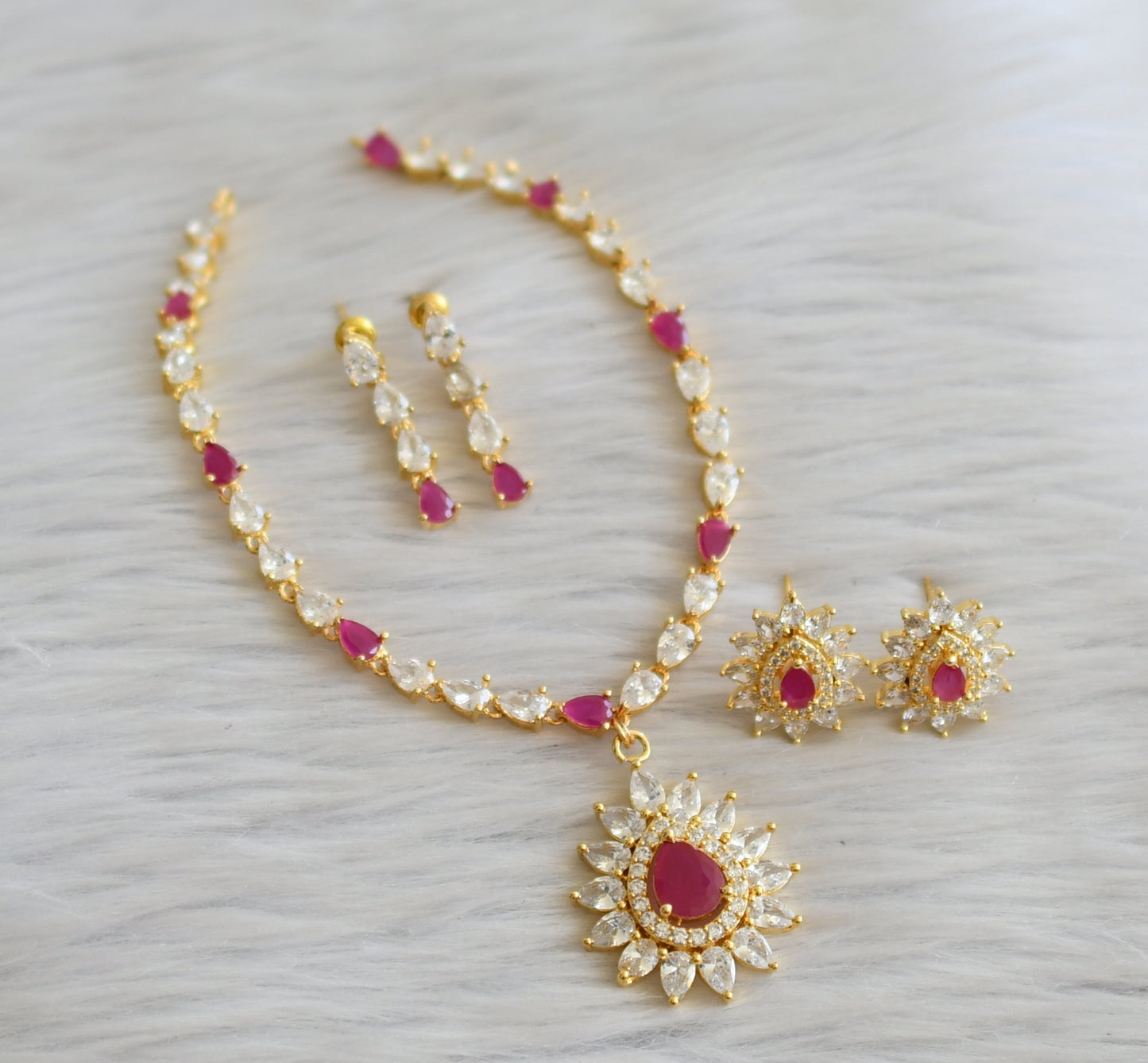 Gold tone cz ruby-white stone necklace set dj-45571